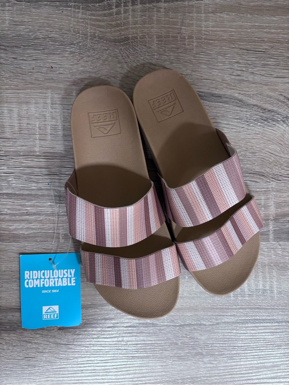 Reef Tan Taupe and Brown Striped Double‑Band Slide Sandals
